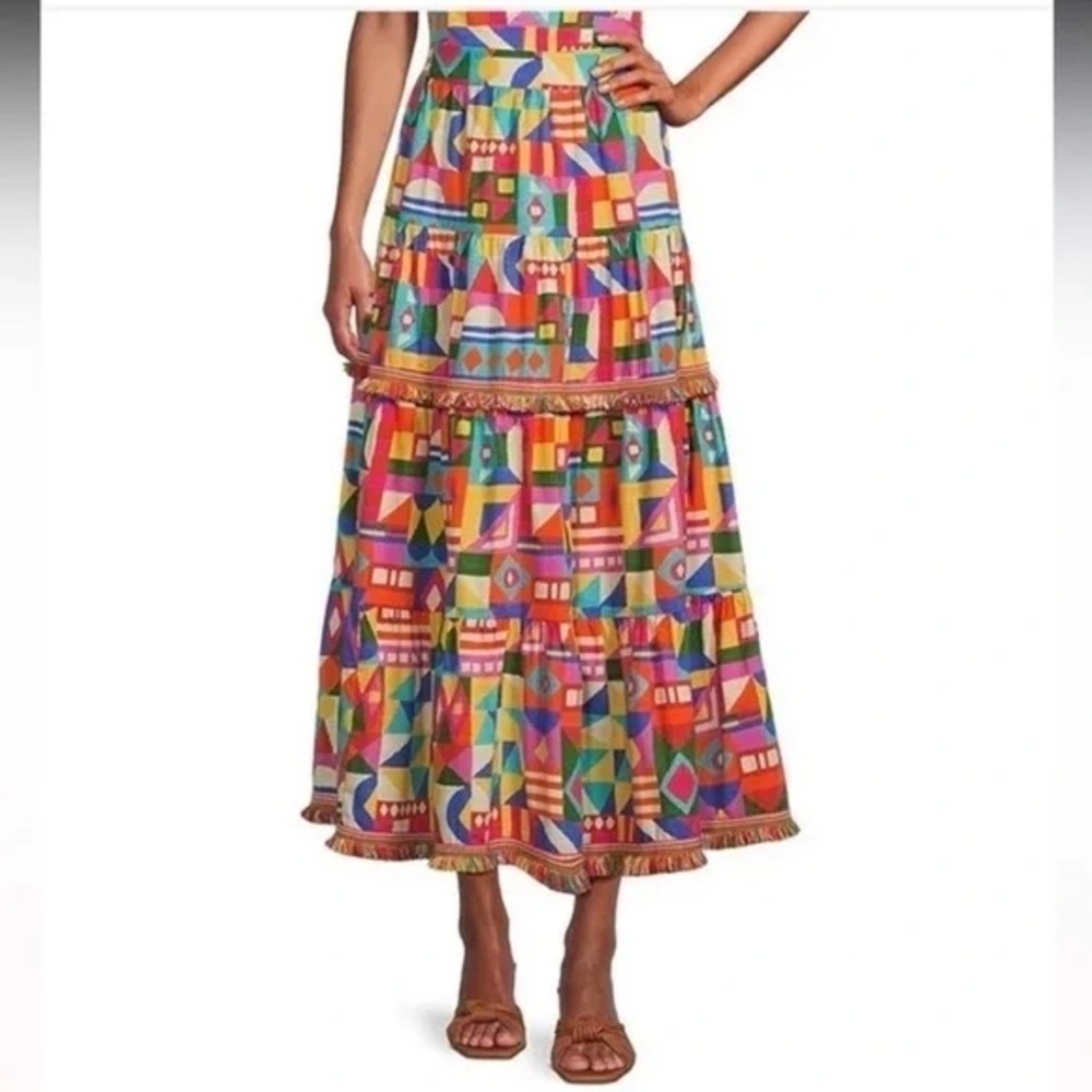 ANTONIO MELANI Giuliana Geometric Print Fringe Hem Cotton A-Line Skirt Size 0 - Picture 2 of 9
